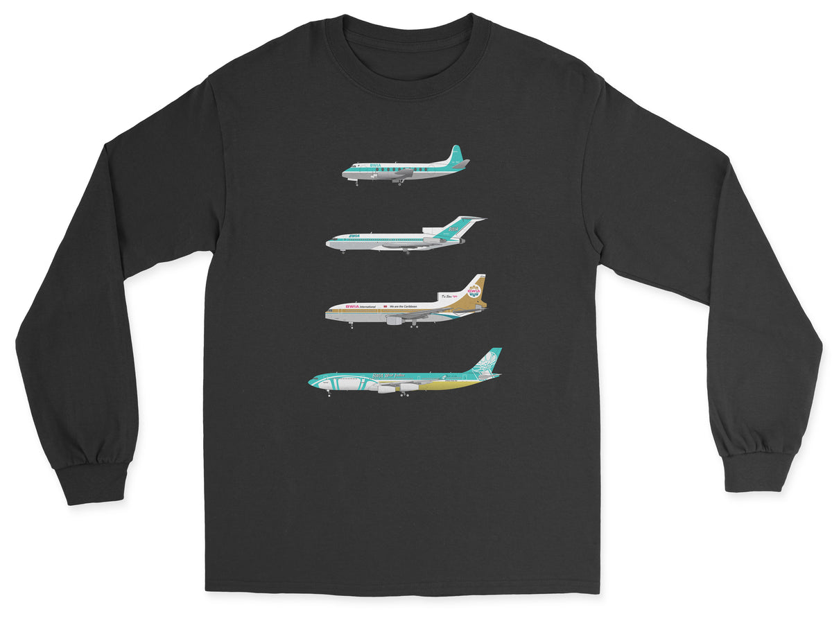 BWIA Vickers Viscount, B727, L1011, A340 Unisex Long Sleeve T-Shirt - Black
