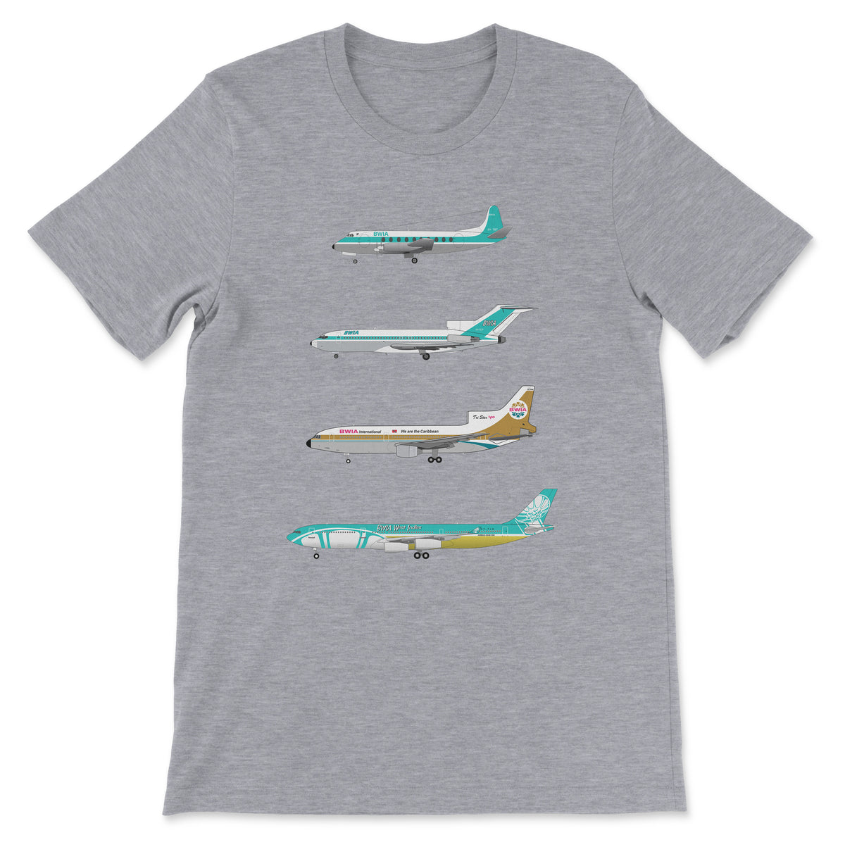 BWIA Vickers Viscount, B727, L1011, A340 Unisex T-Shirt - Athletic Heather