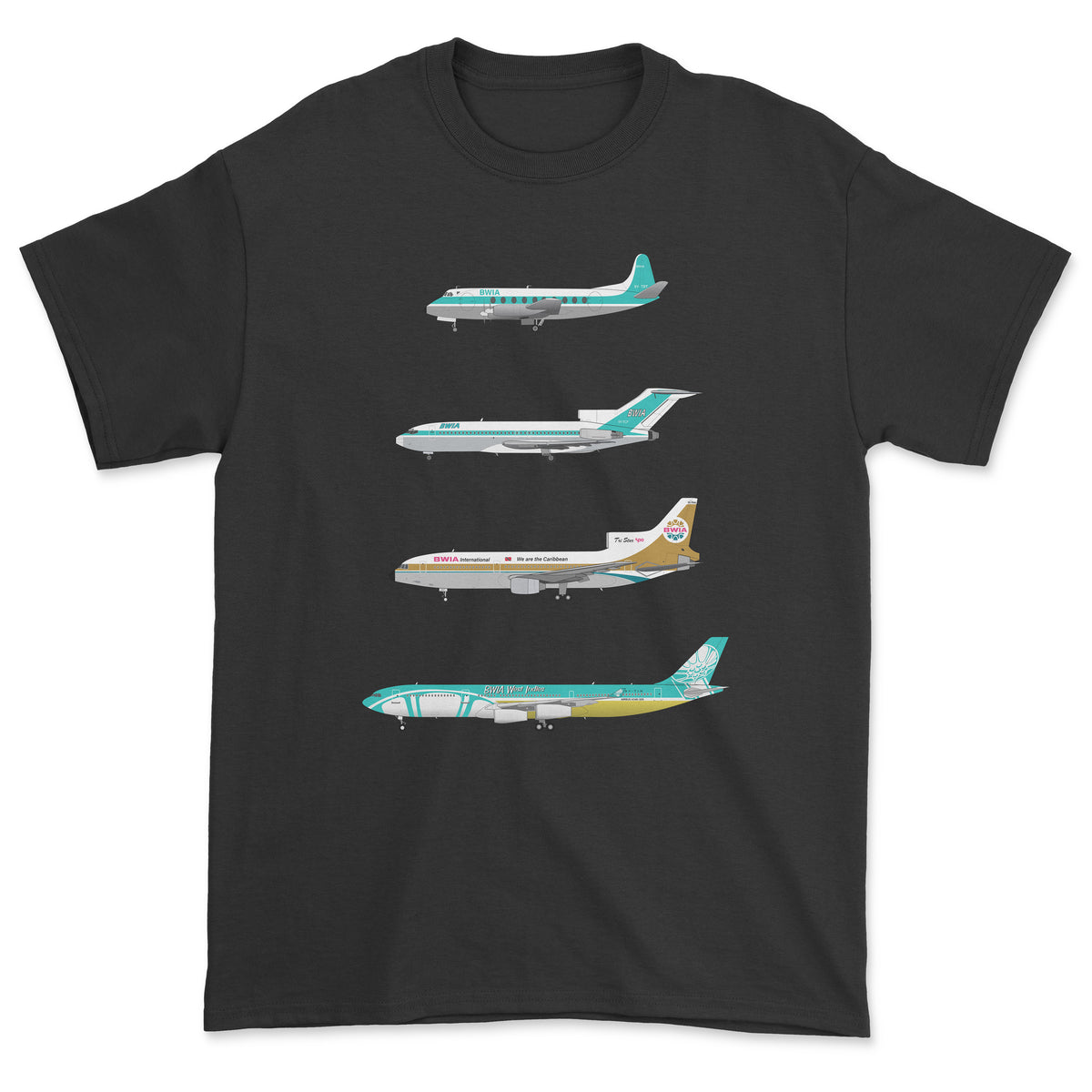 BWIA Vickers Viscount, B727, L1011, A340 Unisex T-Shirt - Black