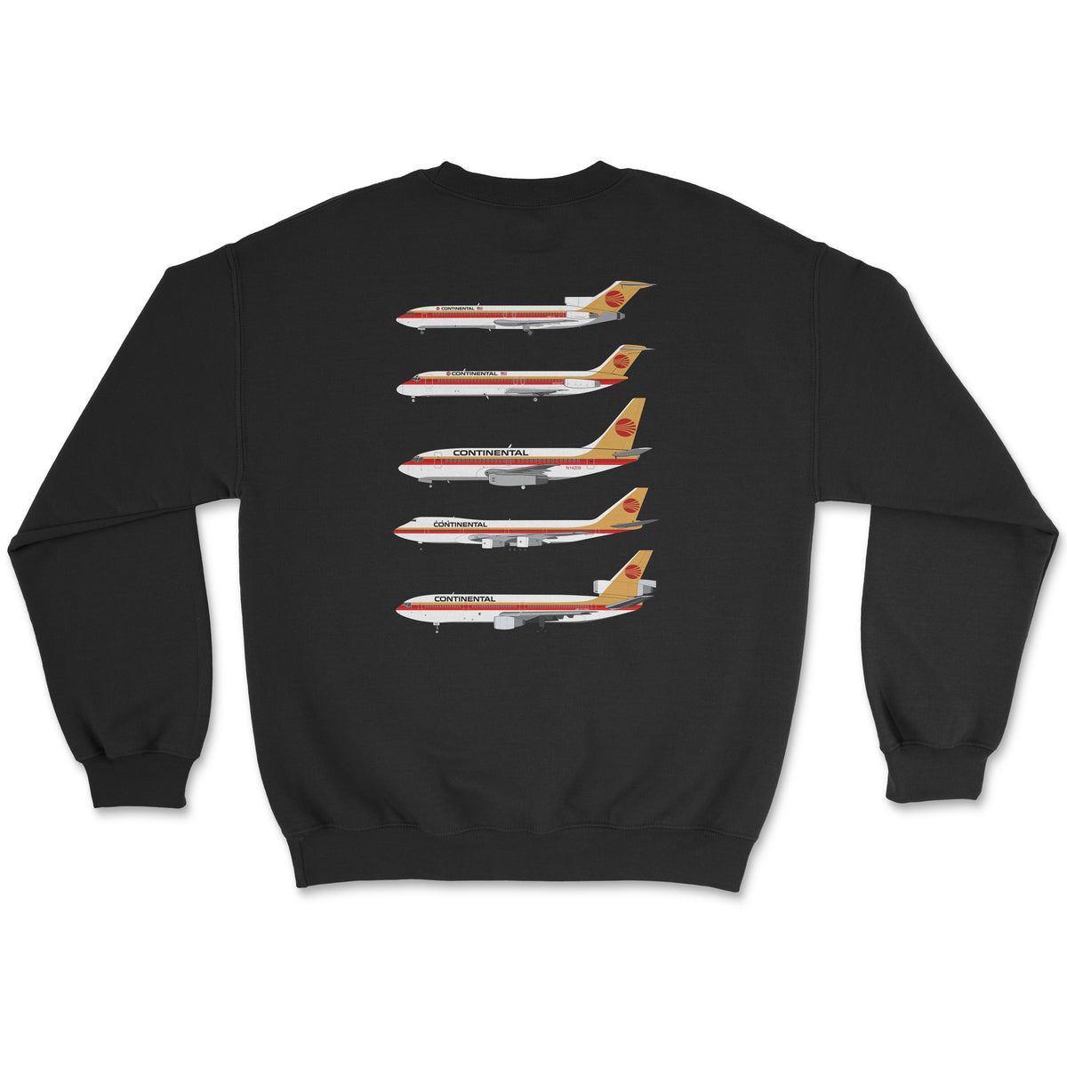 Continental Airlines B727, DC-9, B737, B747-100, DC-10 Unisex Sweatshirt Printed On The Back - Black