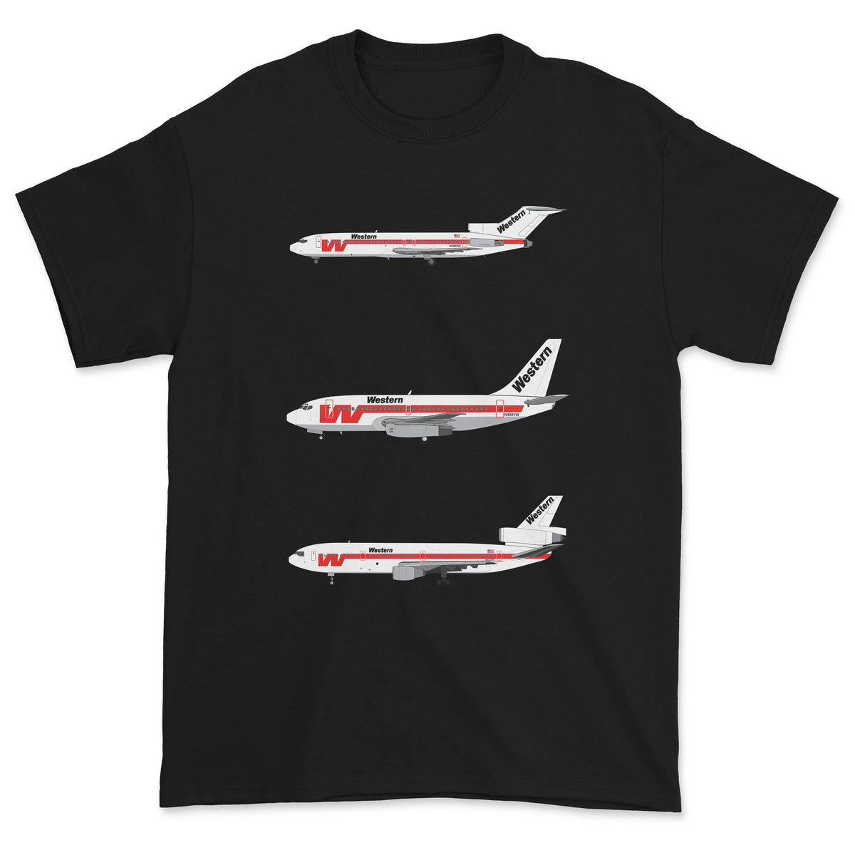 Western Airlines B727, B737, DC-10 Unisex T-Shirt - Black