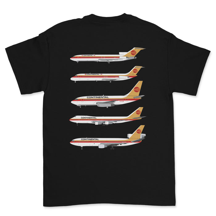 Continental Airlines B727, DC-9, B737, B747-100, DC-10 Unisex T-Shirt (Printed on The Back) - Black