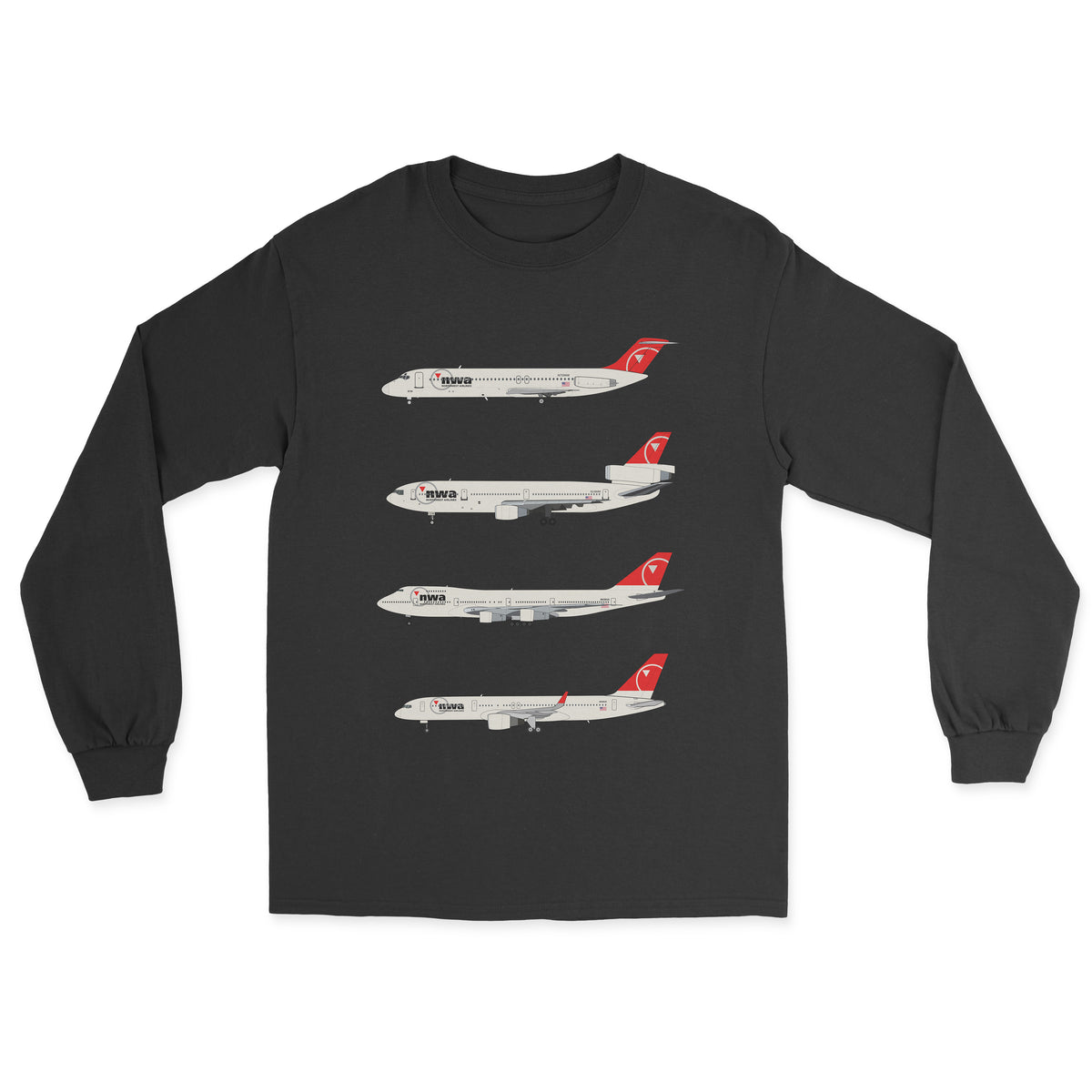 Northwest Airlines DC-9, DC-10, B747, B757 Unisex Long Sleeve T-Shirt - Black