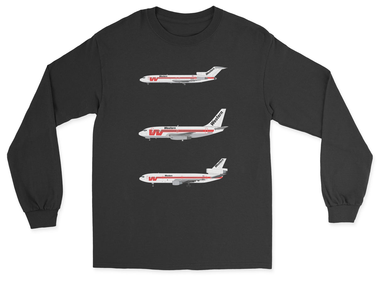 Western Airlines B727, B737, DC-10 Long Sleeve T-Shirt - Black