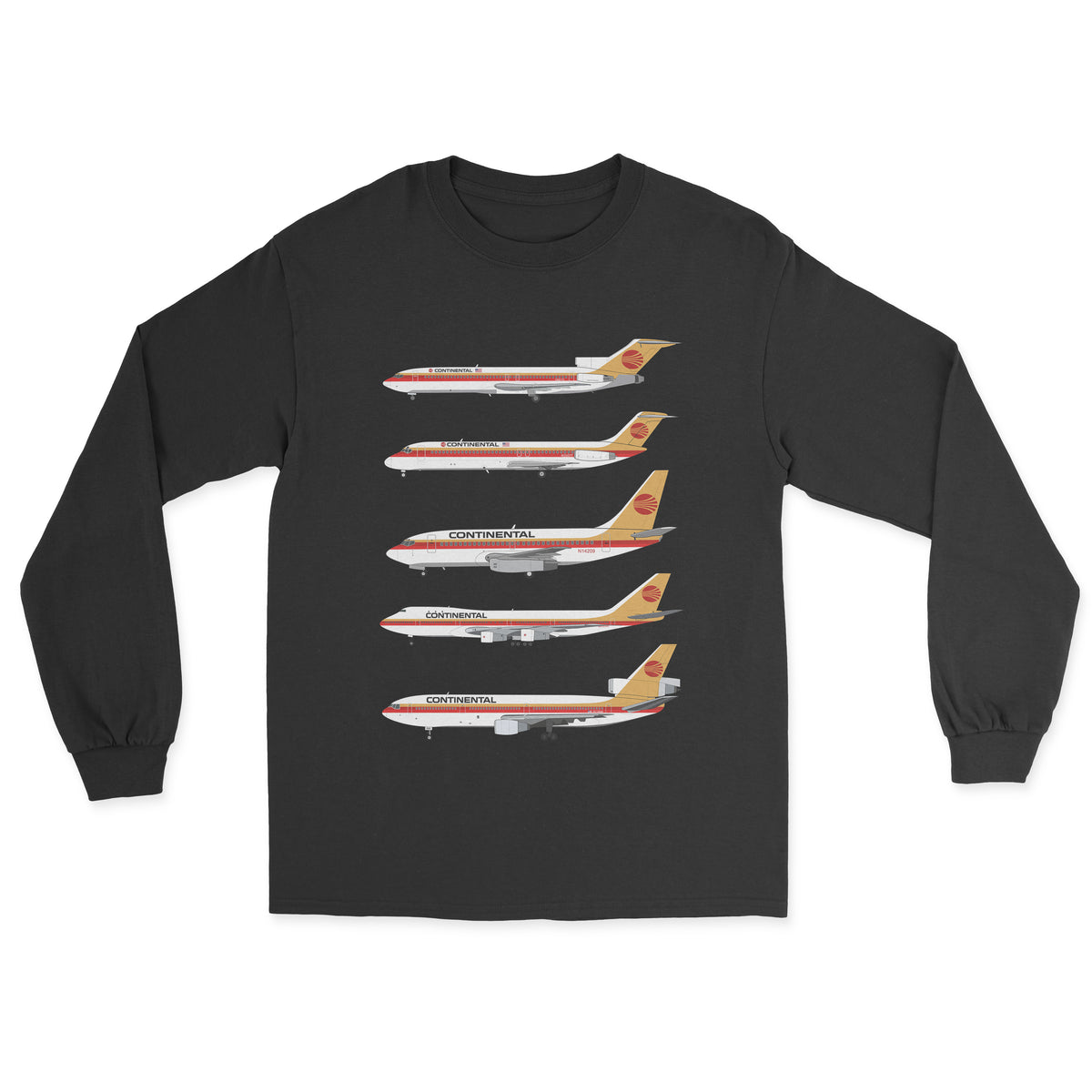 Continental Airlines B727, DC-9, B737, B747-100, DC-10 Unisex Long Sleeve T-Shirt - Black