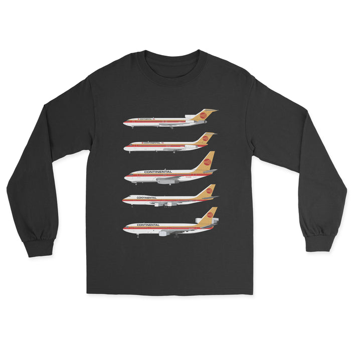 Continental Airlines B727, DC-9, B737, B747-100, DC-10 Unisex Long Sleeve T-Shirt - Black