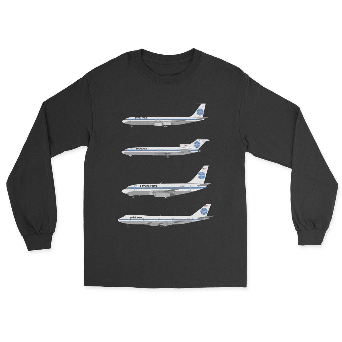 Pan Am B707, B727, B737, B747 Unisex Long Sleeve T-Shirt - Black