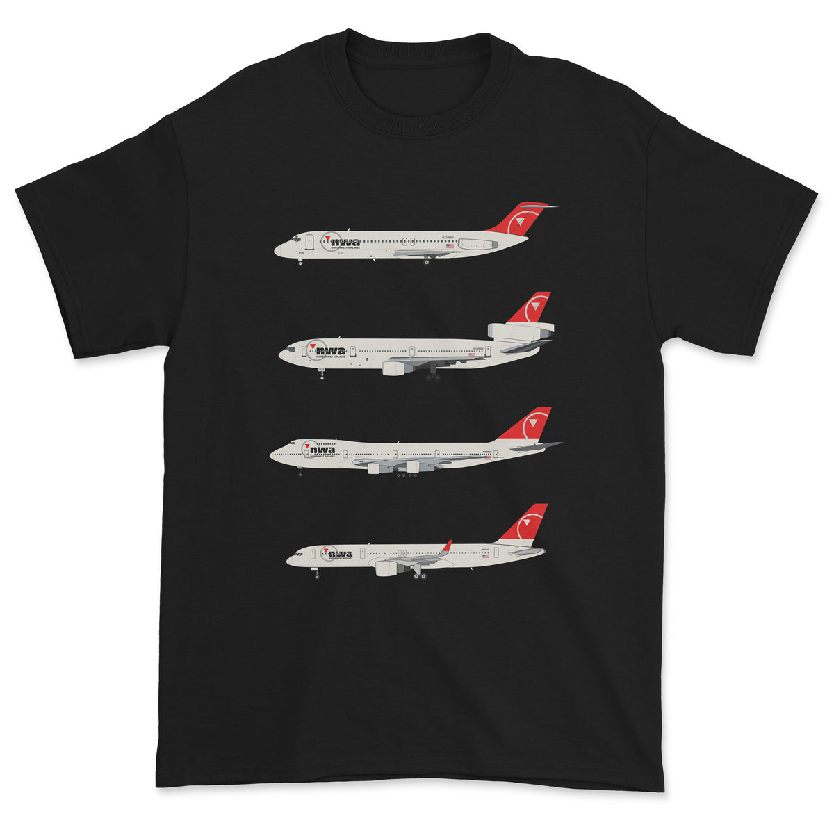Northwest Airlines DC-9, DC-10, B747, B757 Unisex T-Shirt - Black