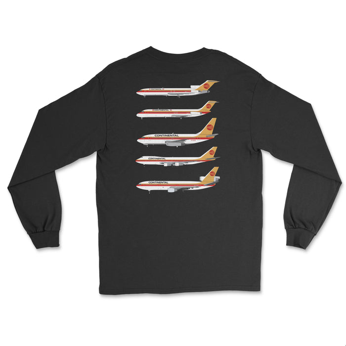 Continental Airlines B727, DC-9, B737, B747-100, DC-10 Unisex Long Sleeve T-Shirt Printed On The Back - Black