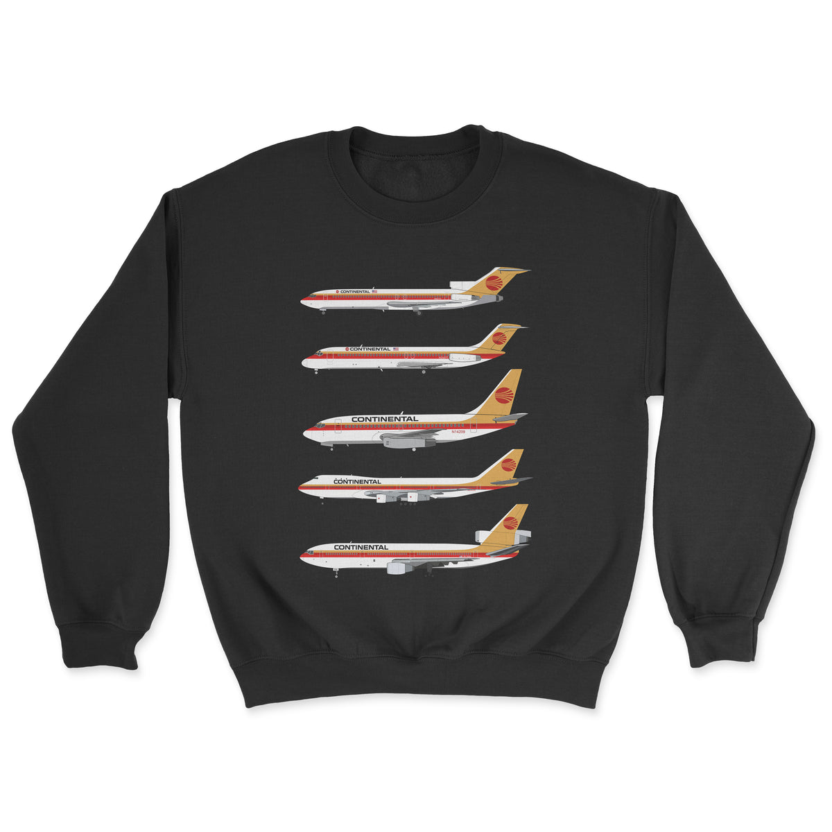 Continental Airlines B727, DC-9, B737, B747-100, DC-10 Unisex Sweatshirt - Black
